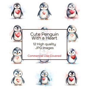 Lindo pingüino con corazón, acuarela, clipart, 12 archivos JPG de alta calidad, día de San Valentín, impresión, tarjetas, descarga digital, uso comercial