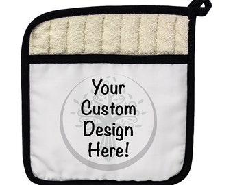 Puede incluir: Manopla de horno blanca con borde negro y un lazo para colgar. La manopla tiene un diseño circular con el texto "Your Custom Design Here!" en negro.
