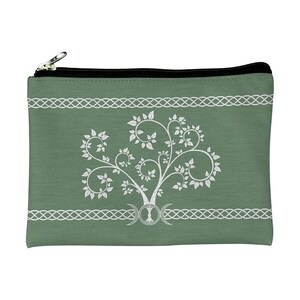 May include: A green zippered pouch with a white tree of life design and triple moon symbol. The pouch has a black zipper and white braided trim.