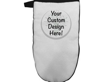 May include: White oven mitt with a black border and a black handle. The mitt has a circular design with the text "Your Custom Design Here!" in black.