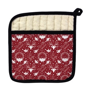 May include: Red and white Christmas pot holder with a reindeer and holly design. The text "Tis the Season" and "To Be Jolly" is repeated throughout the design.