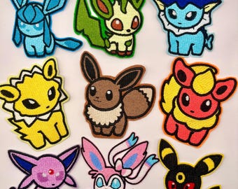 PKM Anime Custom Patches Set of 3, Iron On Sew On Patch, Custom Embroidery, Pokemon Eevee, Gift for Her Him