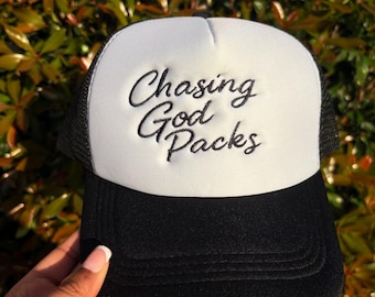 Chasing God Packs Embroidered Mesh Two-Tone Cap with Adjustable Strap, TCG, Pokemon Hat, Custom Embroidery, Trucker Hat, Foam Trucker Cap