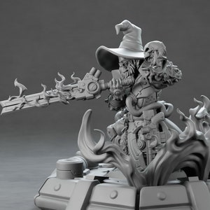May include: A gray 3D printed miniature of a wizard with a pointed hat, holding a flaming sword and standing on a platform with flames. The wizard is wearing a long robe and has a beard.