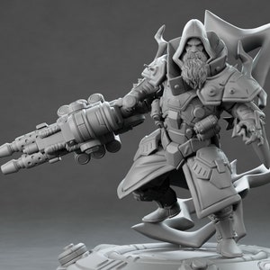 May include: A gray 3D printed miniature of a hooded figure with a long beard, holding a large, detailed weapon. The figure is wearing a long robe and appears to be a fantasy character.