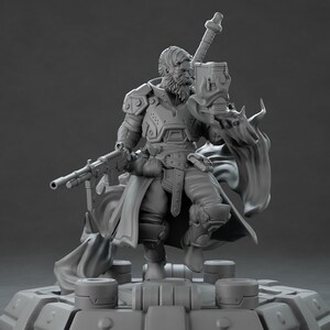May include: A gray 3D printed miniature of a fantasy character holding a weapon and a book. The character is wearing armor and a long cloak. The miniature is standing on a platform with a textured surface.
