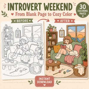 May include: A digital coloring book page titled INTROVERT WEEKEND featuring 30 coloring pages. The image shows a before and after comparison of a cozy living room scene with a person reading on a sofa next to a cat, a bookshelf, and a window.