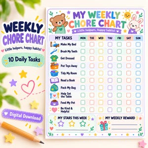 Puede incluir: Una colorida tabla de tareas semanales con una ilustración de un oso pardo y un conejo blanco. La tabla incluye el texto 'MY WEEKLY CHORE CHART', 'Little helpers, happy habits!', y una lista de diez tareas diarias con iconos y casillas para cada día de la semana, además de secciones para 'MY STARS THIS WEEK' y 'MY WEEKLY REWARD'.