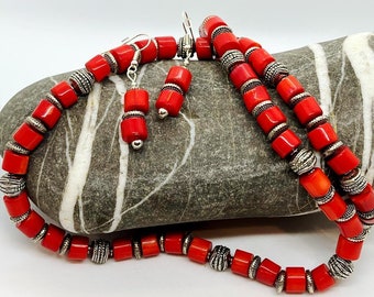 Red Coral Necklace and Earring Set – Silver-Plated Boho Jewelry, 20 inches