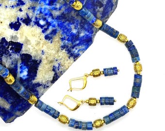 Conjunto de collar y pendientes de lapislázuli, joyería con piedras preciosas naturales