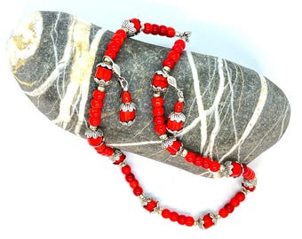 Handmade Natural Red Coral Necklace and Earrings Set, Silver-Plated