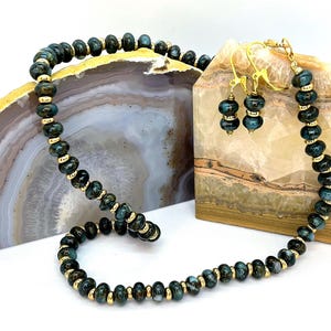 Jasper necklace and earrings, natural dark-emerald jasper beads, real gemstone handmade jewelry set.