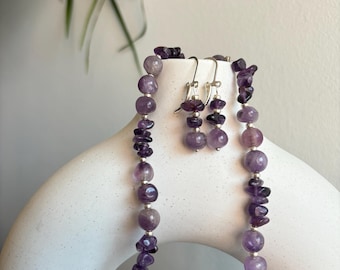 Amethyst Necklace and Earrings Set | Silver-Tone, Calming Gemstone