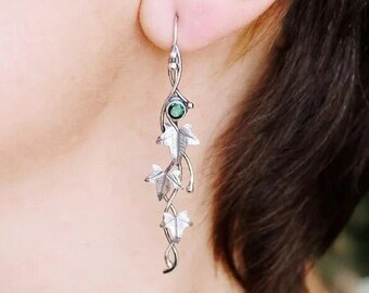 Silver Ivy Leaf Earrings, Woodlands Mystical Elf Dangle Drop, Fantasy Fairy Vine Witchy Design, Women’s Enchanting Jewelry, Elven Earrings