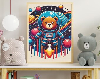 Cosmic Bear Adventure in Space cross stitch pattern pdf