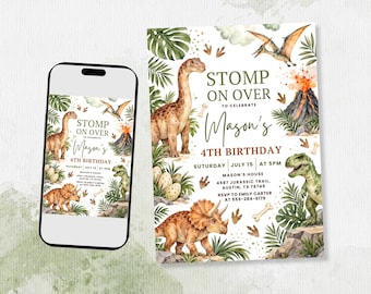 Dinosaur Birthday Invitation Canva Template, Editable Dino Birthday Invite, Boy 4th Birthday Party Invitation, Instant Download