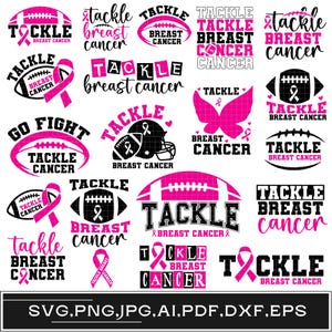Può includere: Un set di 15 design digitali con nastri rosa e palloni da calcio con il testo "Tackle Breast Cancer".