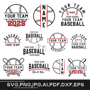 May include: A set of ten baseball-themed SVG cut files. The designs feature baseballs, bats, and text that says "Your Team" and "Baseball".