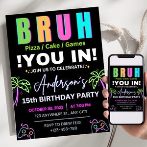 Bruh birthday invitation, Bruh birthday party invite, Bruh neon invitation, Editable birthday invite