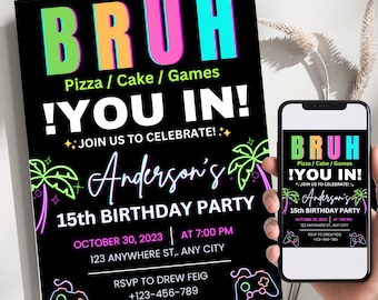 Bruh birthday invitation, Bruh birthday party invite, Bruh neon invitation, Editable birthday invite