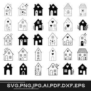 May include: A set of 30 black and white house illustrations with various styles, including a house with the word "home" above it, a house with a heart on the door, and a house with a chimney. The illustrations are perfect for crafting projects, scrapbooking, and digital design.