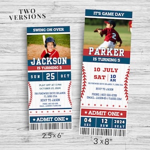 May include: Baseball-themed birthday party invitation with a red, white, and blue color scheme. The invitation is shaped like a ticket and features a photo of a child in a baseball uniform. The text on the invitation reads "It's Game Day" and "Parker is turning 5".