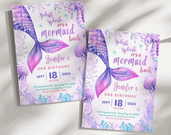 Mermaid birthday invitation, Splish Splash mermaid bash invitation, Under the sea invitation, Girl birthday invitation