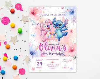 Stitch And Angel Birthday Invitation, Stitch Birthday Party Invite, Editable Stitch Birthday Invitation, Kids Birthday Invitation
