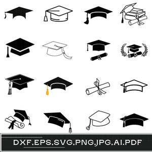 May include: A set of 16 black and white graduation cap and diploma icons. The icons are in various styles, including caps with tassels, diplomas with ribbons, and wreaths of laurel leaves.