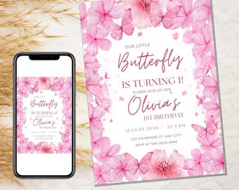 Pink floral butterfly birthday invitation, Editable Birthday invite