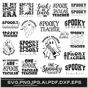 Può includere: Una collezione di 14 design digitali in bianco e nero con testo e illustrazioni a tema insegnante spettrale. I design includono fantasmi, matite, pipistrelli e zucche. Il testo include frasi come "Spooky Teacher", "Trick or Teach" e "One Spooktacular Teacher".