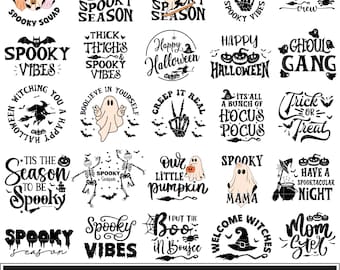 May include: A set of 20 Halloween-themed SVG cut files featuring various spooky designs, including ghosts, pumpkins, witches, skeletons, and bats. The designs include phrases like "Spooky Season", "Happy Halloween", "Trick or Treat", and "Spooky Vibes".