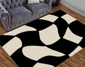 Teppich Schwarz Weiß, Wollteppich, Wohnzimmerteppich,Teppich,Illusion,Retro Teppich,Teppich,Illusion,Teppich,Teppich kariert