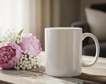 Mockup för 280 g kaffemugg: Stockfoto i feminin stil (digital nedladdning av JPG)