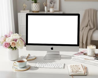 Feminin iMac-modell: Rosa och guld skrivbordsstil Stockfoto