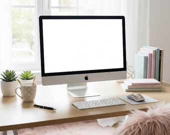 Feminin iMac-modell: Rosa och guld skrivbordsstil Stockfoto