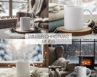 Maqueta de taza de café de 11 oz: Cuatro fotos de stock con estilo navideño (descarga digital JPG)