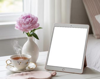 Feminin iPad-modell: Rosa och guld skrivbordsstil Stockfoto