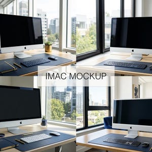 Może przedstawiać: Srebrny komputer iMac z czarnym ekranem, klawiaturą i myszką umieszczonymi na ciemnoniebieskiej podkładce na biurko. Zestaw zawiera notatnik i długopis na drewnianym biurku. Tekst IMAC MOCKUP jest wyśrodkowany nad czteroczęściowym obrazem.
