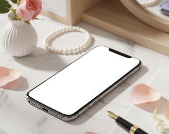 Maqueta de iPhone con escritorio rosa y dorado: Foto de stock con estilo para blogueros