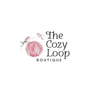 Peut inclure: Un logo pour un magasin appelé "The Cozy Loop Boutique" avec une pelote de laine rose sur laquelle sont perchées deux petits oiseaux.