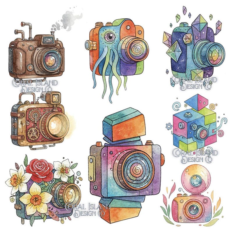 Watercolor Camera Clipart PNG Set, Whimsical Floral Illustrations ...