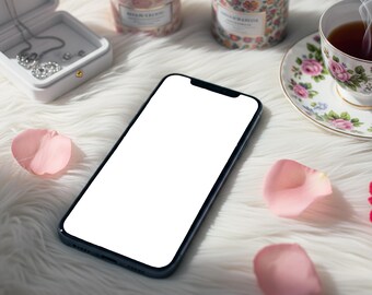 Maqueta de iPhone con escritorio rosa y dorado: Foto de stock con estilo para blogueros