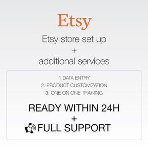 Puede incluir: Un gráfico naranja y blanco con el texto "Etsy" y "Etsy store set up + additional services". Debajo del texto hay una lista de servicios: "1. DATA ENTRY", "2. PRODUCT CUSTOMIZATION", "3. ONE ON ONE TRAINING". El gráfico también incluye el texto "READY WITHIN 24H + FULL SUPPORT" con un icono de micrófono.
