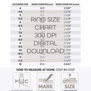 May include: A modern ring size conversion guide featuring a table with US and Canada sizes, inner diameters in millimeters and inches. The text includes RING SIZE CHART 300 DPI DIGITAL DOWNLOAD and instructions on how to measure at home with steps.