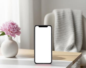 Maqueta de iPhone con escritorio rosa y dorado: Foto de stock con estilo para blogueros