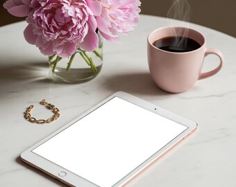 Feminin iPad-modell: Rosa och guld skrivbordsstil Stockfoto