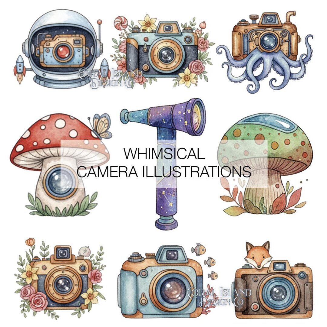 Watercolor Camera Clipart PNG Set, Whimsical Floral Illustrations ...