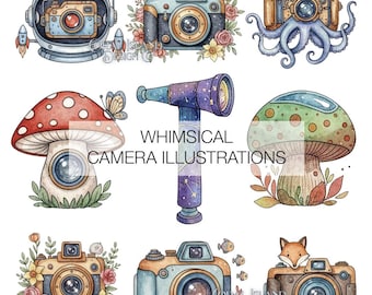 Watercolor Camera Clipart PNG Set, Whimsical Floral Illustrations (Digital Download)