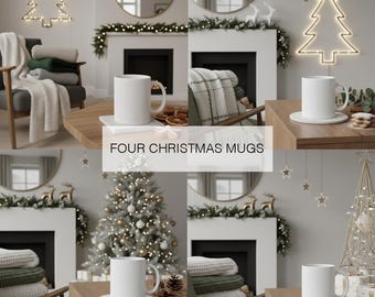 Maqueta de taza de café de 11 oz: Cuatro fotos de stock con estilo navideño (descarga digital JPG)
